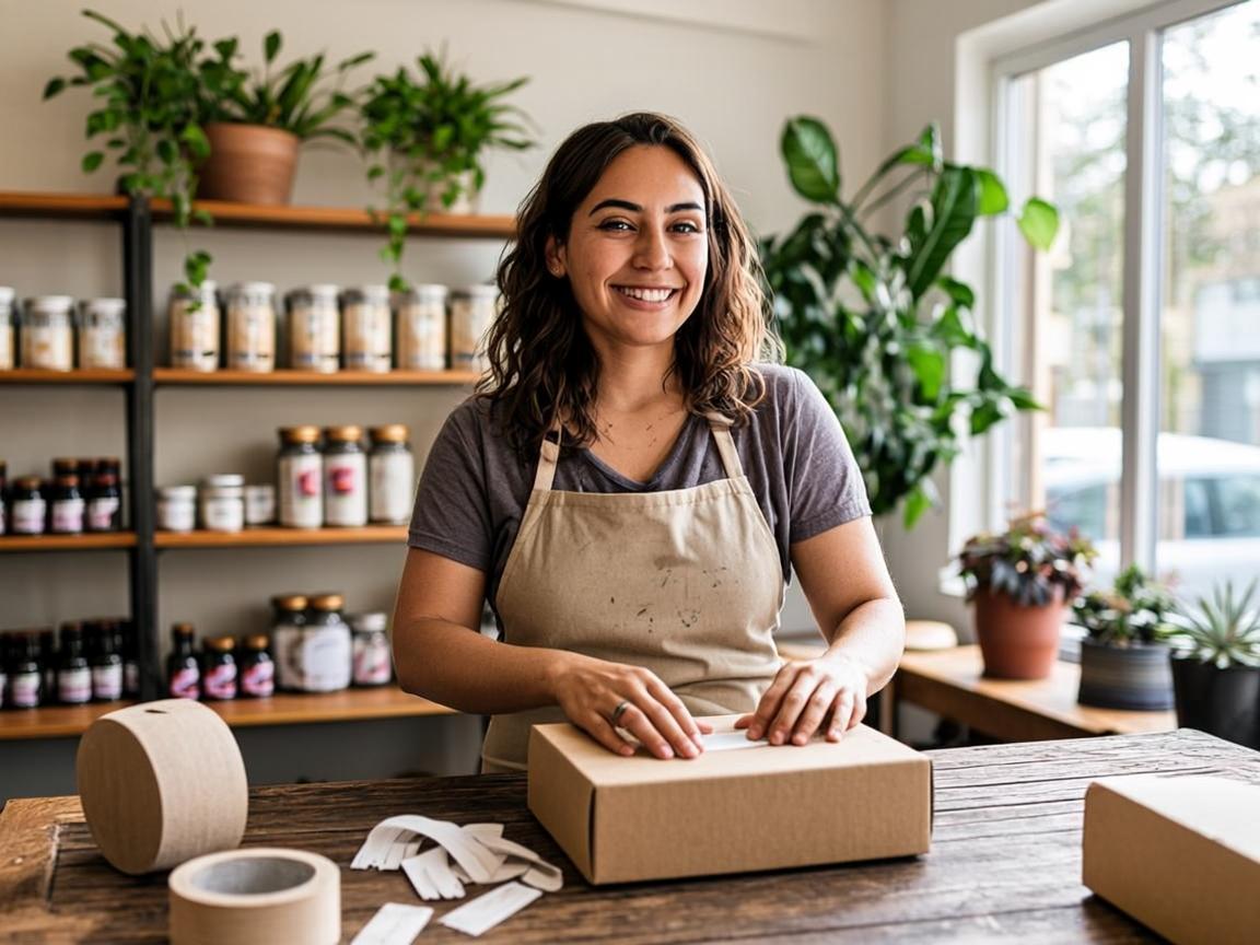 Emprendedora empacando pedidos en su tienda